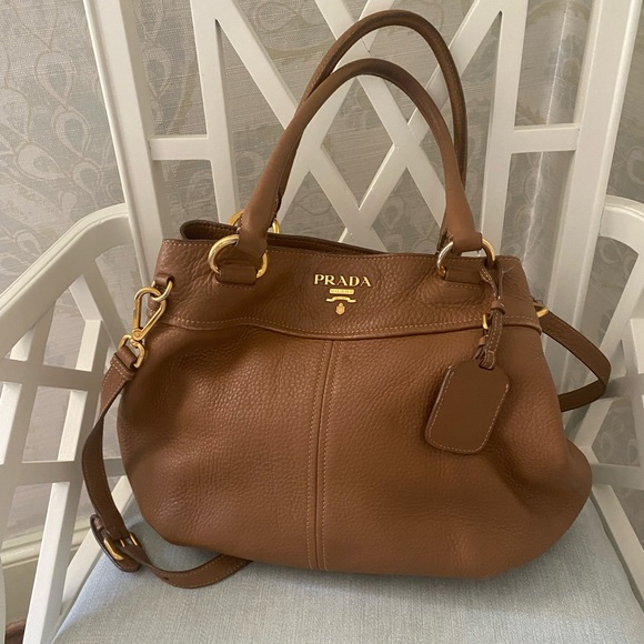 Prada Two Way Purse Handbag Vitello Pebbled Leather Caramel - Picture 2 of 13